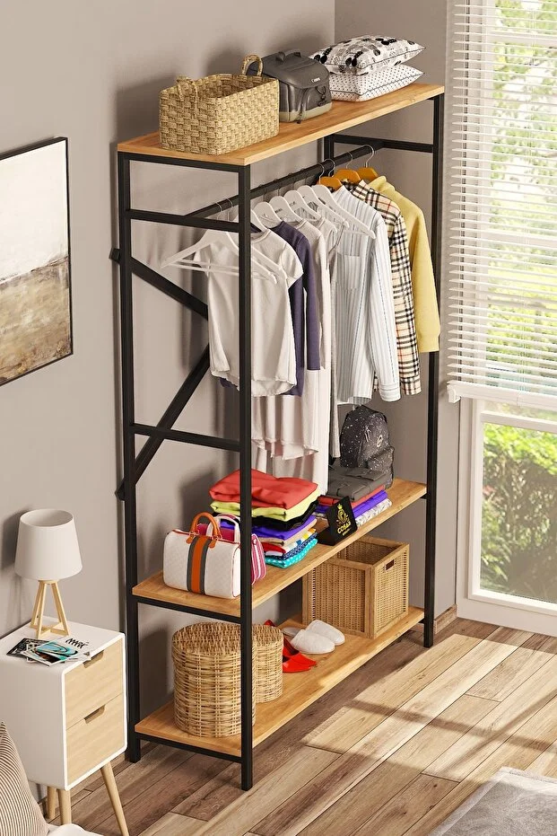 Metal Masif Ahşap Desenli Yonga Levha Açık Giyinme Dolap